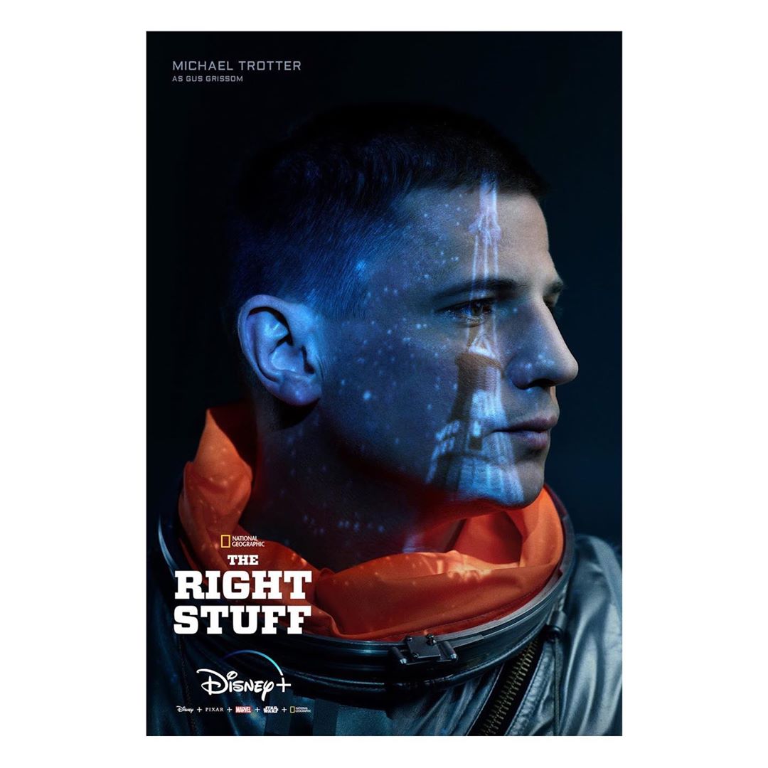 Promotional image for 'The Right Stuff' featuring actor Michael Trotter as Gus Grissom, with a superimposed rocket and star field.