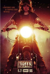 A person riding a motorcycle head-on with a bright headlight, set against a dark forest and fiery orange sky background.