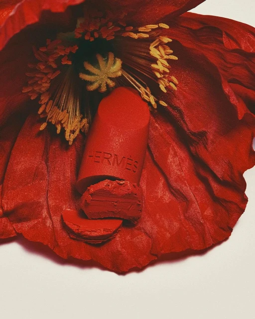 A close-up shot features red lipstick nestled within the petals of a vibrant red flower, creating a striking beauty still life composition.