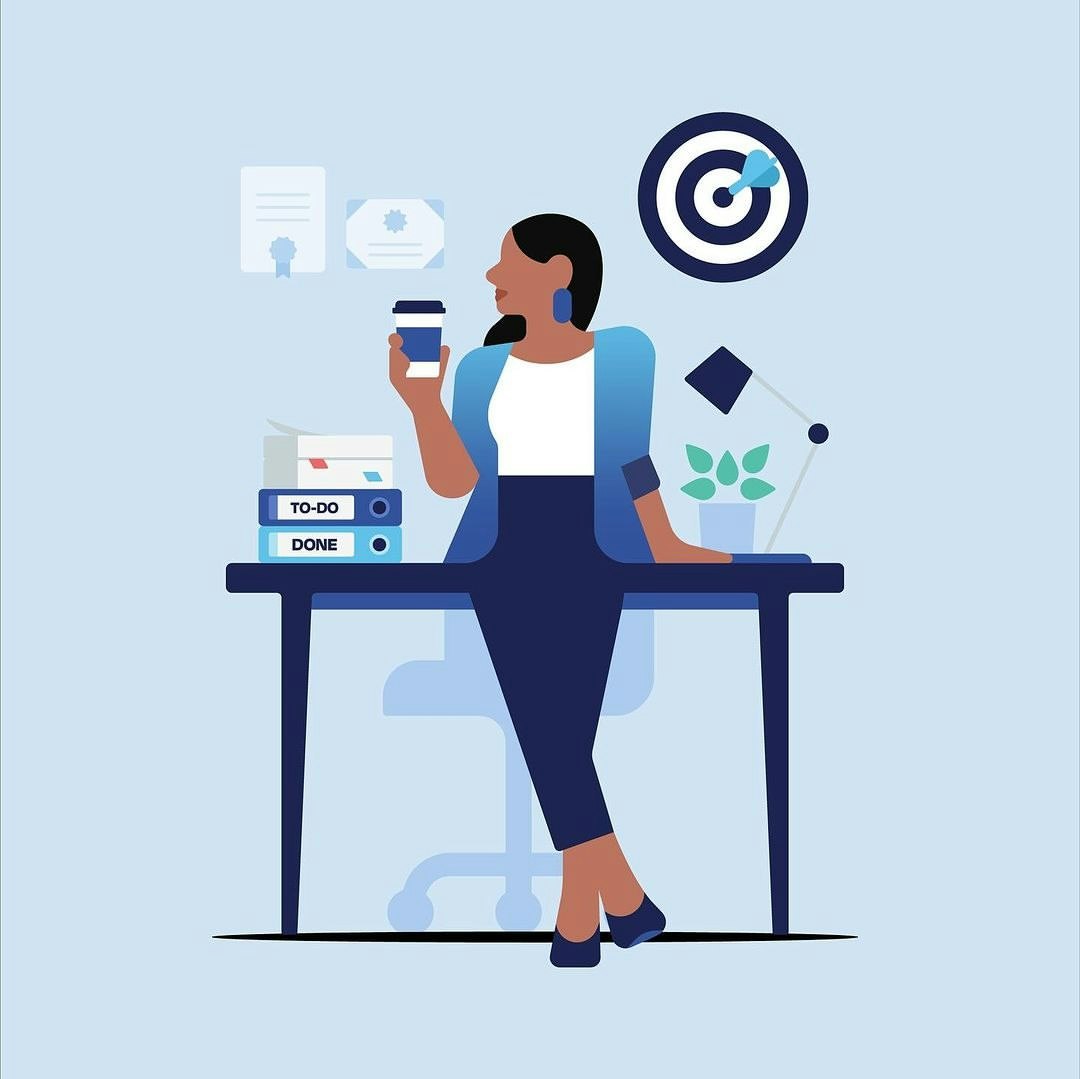 Illustration of a woman standing at a desk with a cup, diplomas, and a target in an office environment with a light blue color palette.
