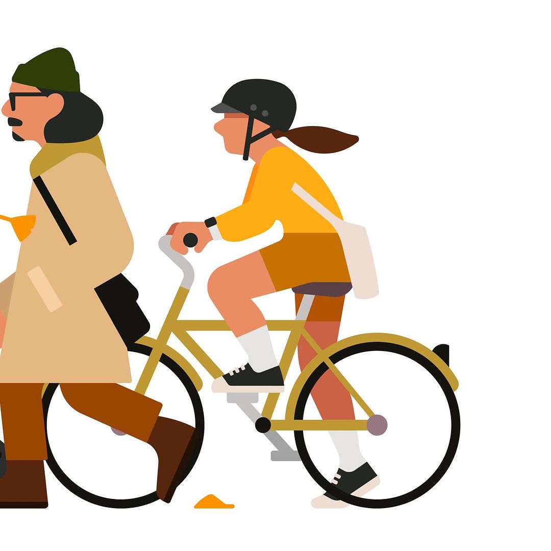 Illustration of an adult man walking beside an adult woman riding a bicycle, both facing left, against a white background in a modern style.