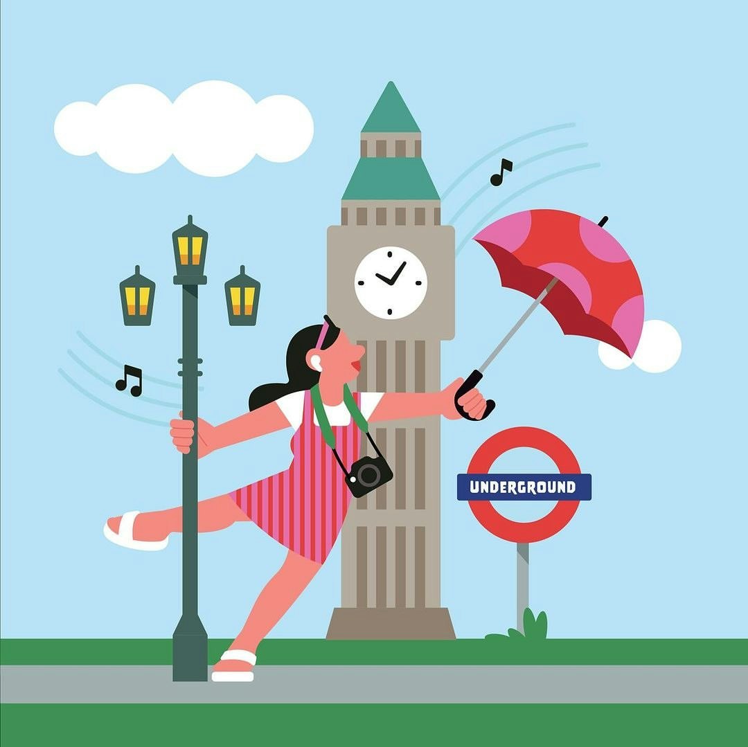Illustration of a woman with an umbrella in London, featuring Big Ben, an Underground sign, a street lamp, and musical notes.