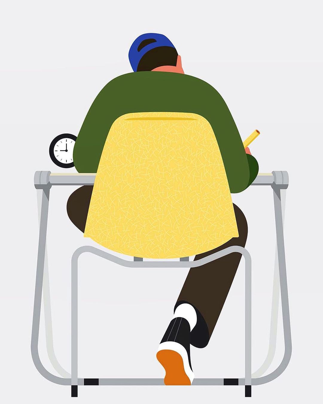 Illustration of a person sitting at a desk, viewed from the back, wearing a blue cap, green jacket, and brown pants, working at a desk.