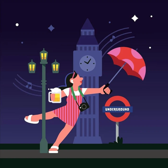 Digital flat illustration of a woman holding an umbrella and a mug of beer in front of Big Ben at night by Minkyung Lee