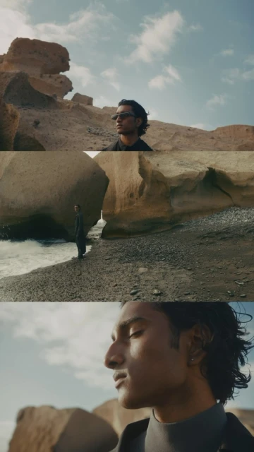 A triptych of an adult male model wearing sunglasses and standing on a rocky beach with rock formations and the sky as background.