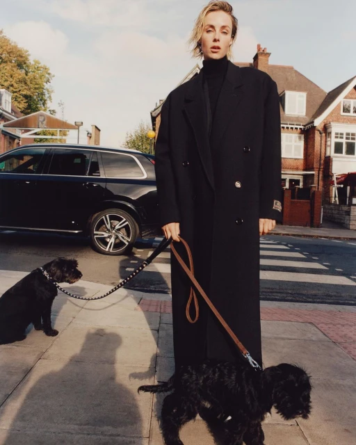 Adult female in a dark coat walks two black dogs on a city sidewalk, with a black SUV and brick buildings visible in the background.