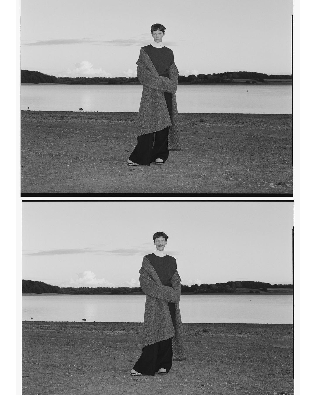 Monochrome diptych of a model wearing a textured coat by a calm lake shore captured by Misha Taylor.