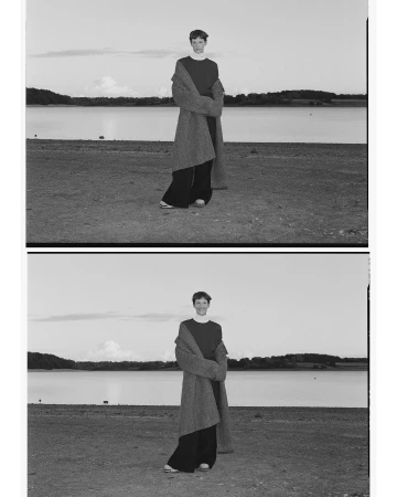 Monochrome diptych of a model wearing a textured coat by a calm lake shore captured by Misha Taylor.