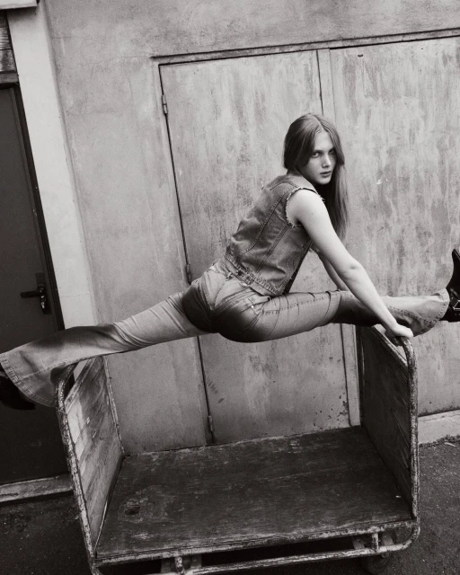 Black-and-white portrait of a young woman in jeans and a vest doing the splits on a metal cart against a concrete wall.
