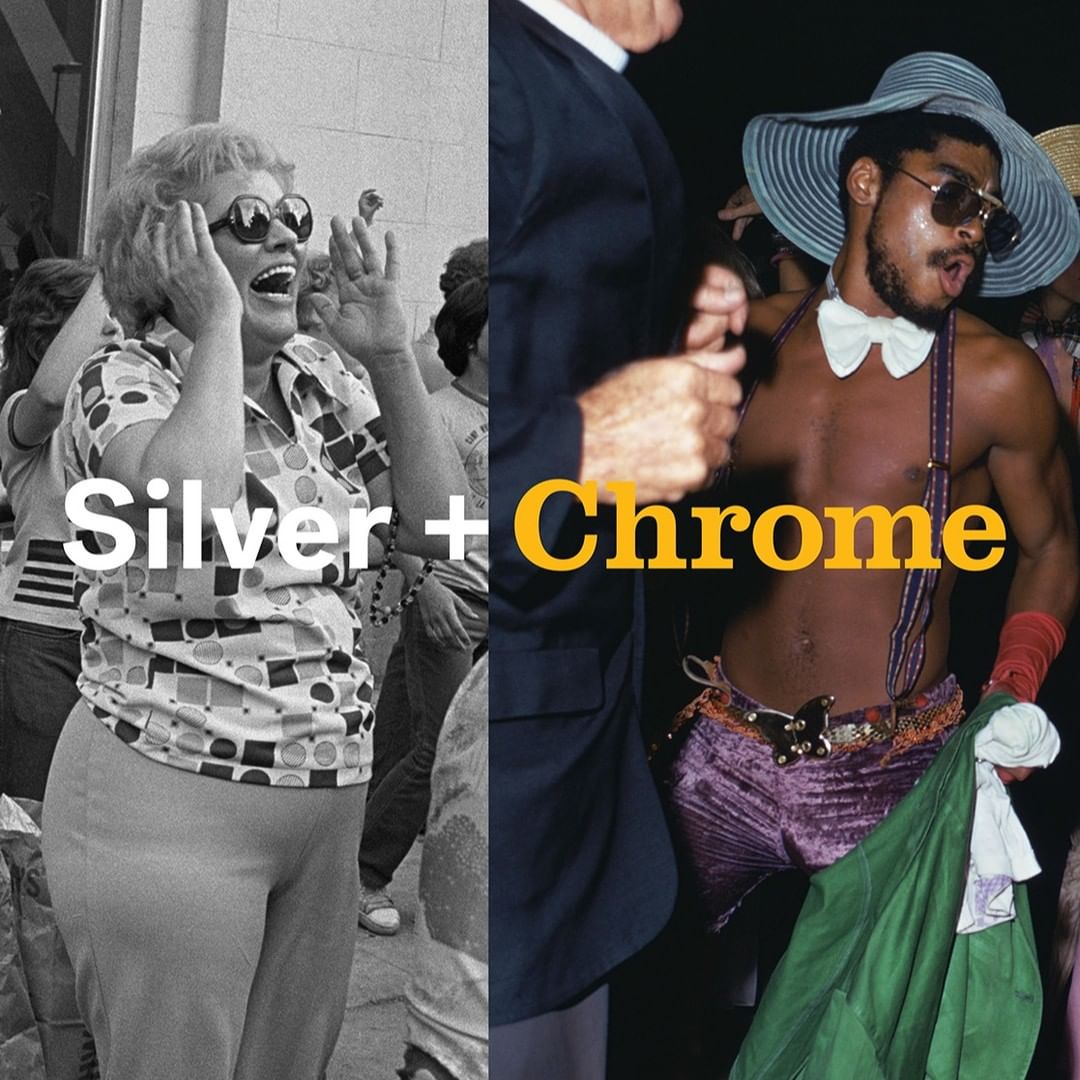 Two separate images bisected; one is a cheering black and white crowd scene and another is a color image of a partygoer.