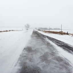 Snow-covered country road stretching into a hazy, white winter landscape under an overcast sky.