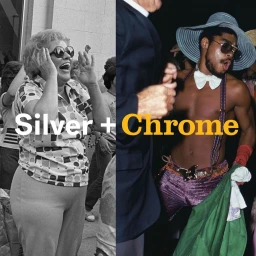 Split frame showing an older woman laughing in black and white on the left and a shirtless man dancing in color on the right
