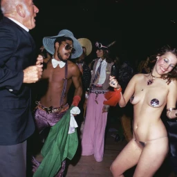 Group of people dancing in a dimly lit nightclub interior captured by Mitch Epstein in New York