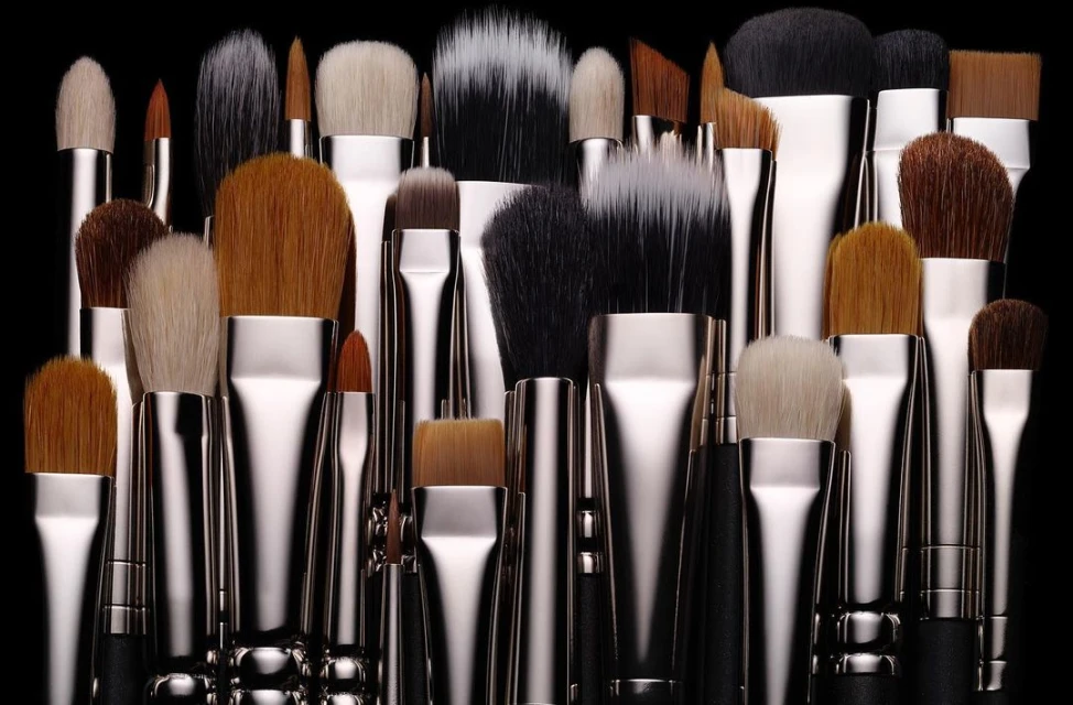 Collection of professional makeup brushes with various sizes and bristles, showcasing the tools for beauty and cosmetic application.