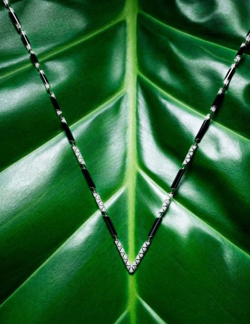 Close-up studio shot of a black and white necklace in a V shape against a bright green tropical leaf background.