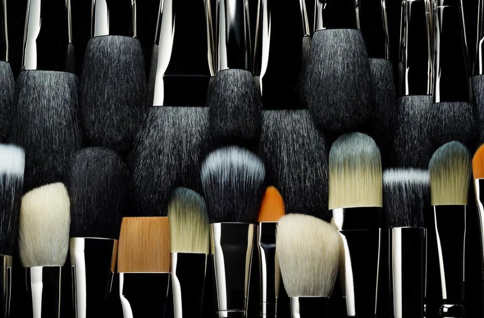 Close-up shot of several makeup brushes with black handles and varying brush head colors on a black background, beauty and cosmetics.