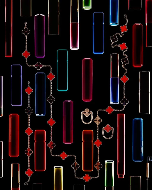 Luxe still life: Assorted colorful lipstick tubes and fine jewelry on a black backdrop creating a graphic product shot.