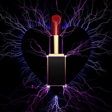Tom Ford lipstick standing vertically against a black background with purple and blue lightning effects