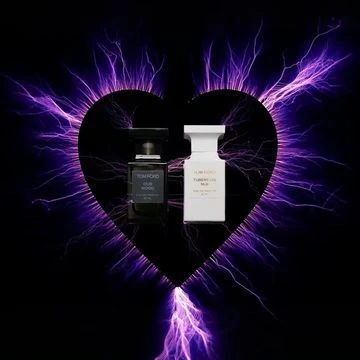 Two Tom Ford perfume bottles on a black background with a graphic purple heart shape and lightning bolts emanating from the heart.