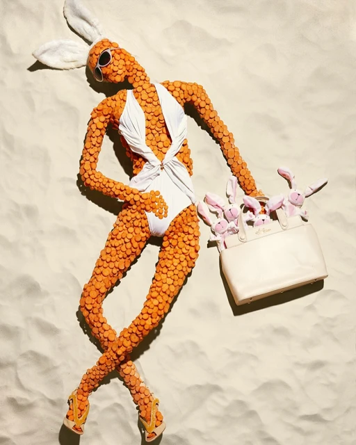 Conceptual fashion shot of a woman made of orange slices in a white swimsuit, sunglasses, and bunny ears, lying on a textured surface.