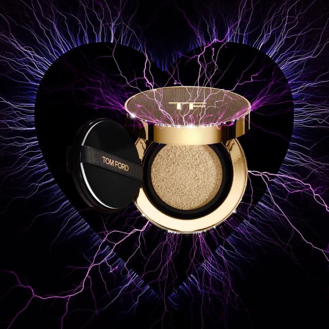 Tom Ford foundation compact on a black backdrop with abstract purple electric lighting, focus on luxury cosmetics, golden accents.