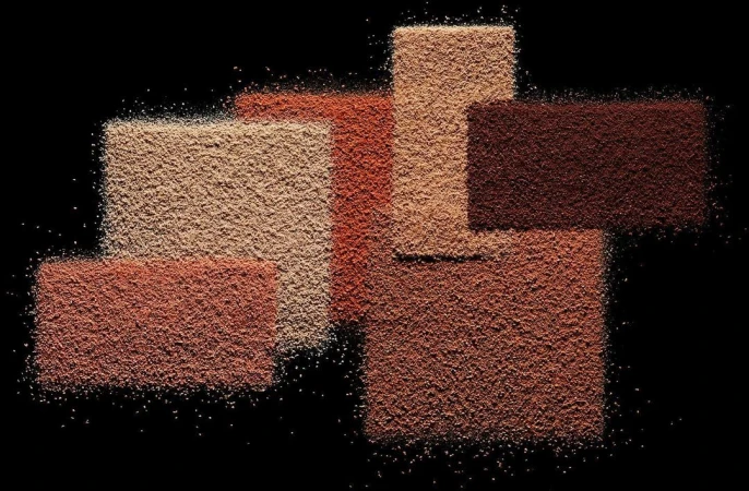 Arrangement of rectangular areas covered with tan, brown, and terracotta powder against a stark black backdrop, studio shot.