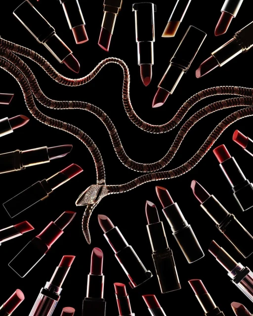 High-angle studio shot of a snake necklace surrounded by an array of dark red lipsticks against a stark black background. Beauty and fashion.