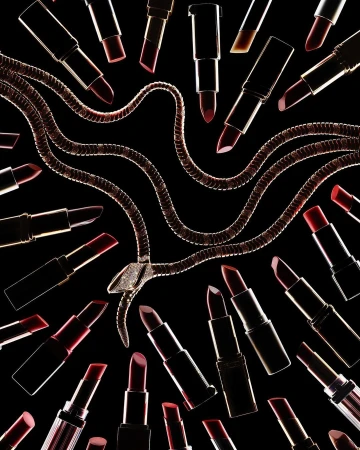 High-angle studio shot of a snake necklace surrounded by an array of dark red lipsticks against a stark black background. Beauty and fashion.