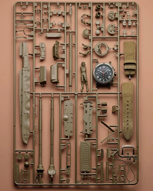 Overhead shot of a watch and plastic model kit parts arranged on a sprue on a pink backdrop, showcasing miniature figures and watch components.