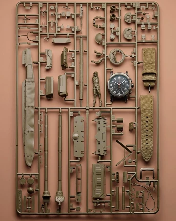 Overhead shot of a watch and plastic model kit parts arranged on a sprue on a pink backdrop, showcasing miniature figures and watch components.