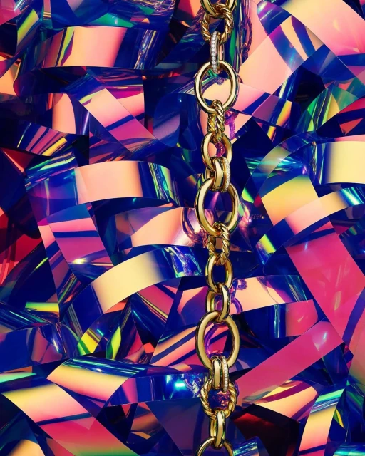 A gold chain necklace is centered over a geometric background of vibrant blue, yellow and pink glossy confetti shapes.