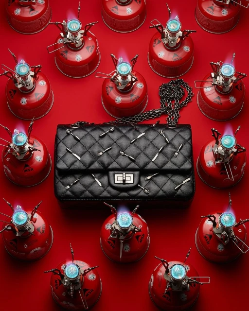Black quilted handbag with silverware embellishments surrounded by camping stoves, set against a vibrant red backdrop.
