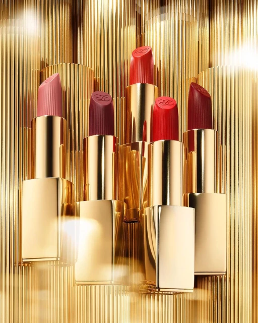 Group of lipsticks in varying shades of red and pink with gold tubes, arranged against a textured gold background.