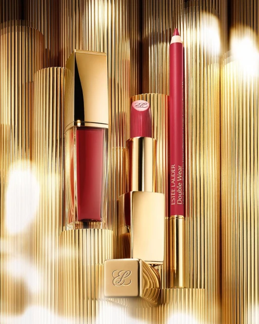 Beauty product still life featuring lipstick, lip gloss, and lip liner by Estee Lauder, against a gold, ridged background.