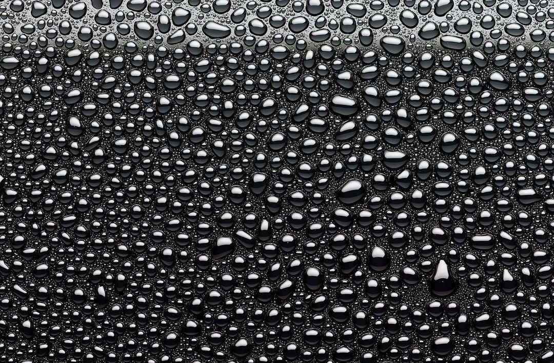 Close-up view of shiny water droplets covering a black surface, creating a captivating and textured abstract pattern.