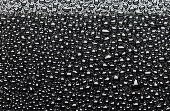 Close-up view of shiny water droplets covering a black surface, creating a captivating and textured abstract pattern.