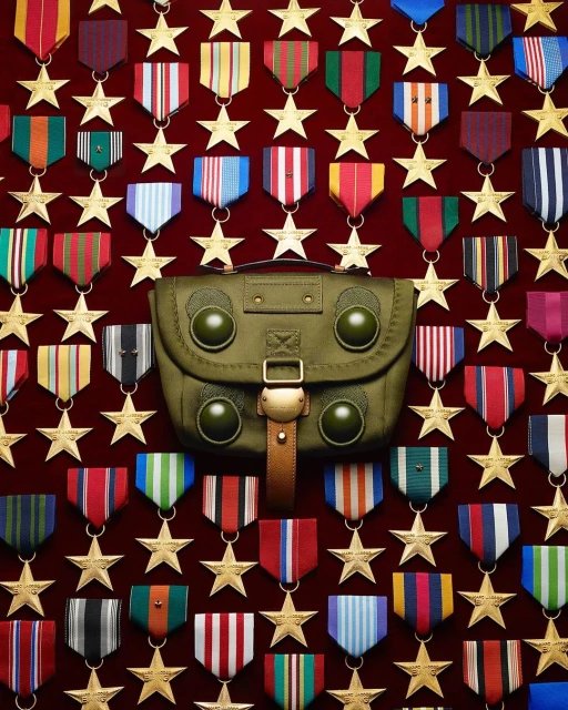 Olive green handbag with gold hardware displayed against a background of vintage military medals and gold star decorations.