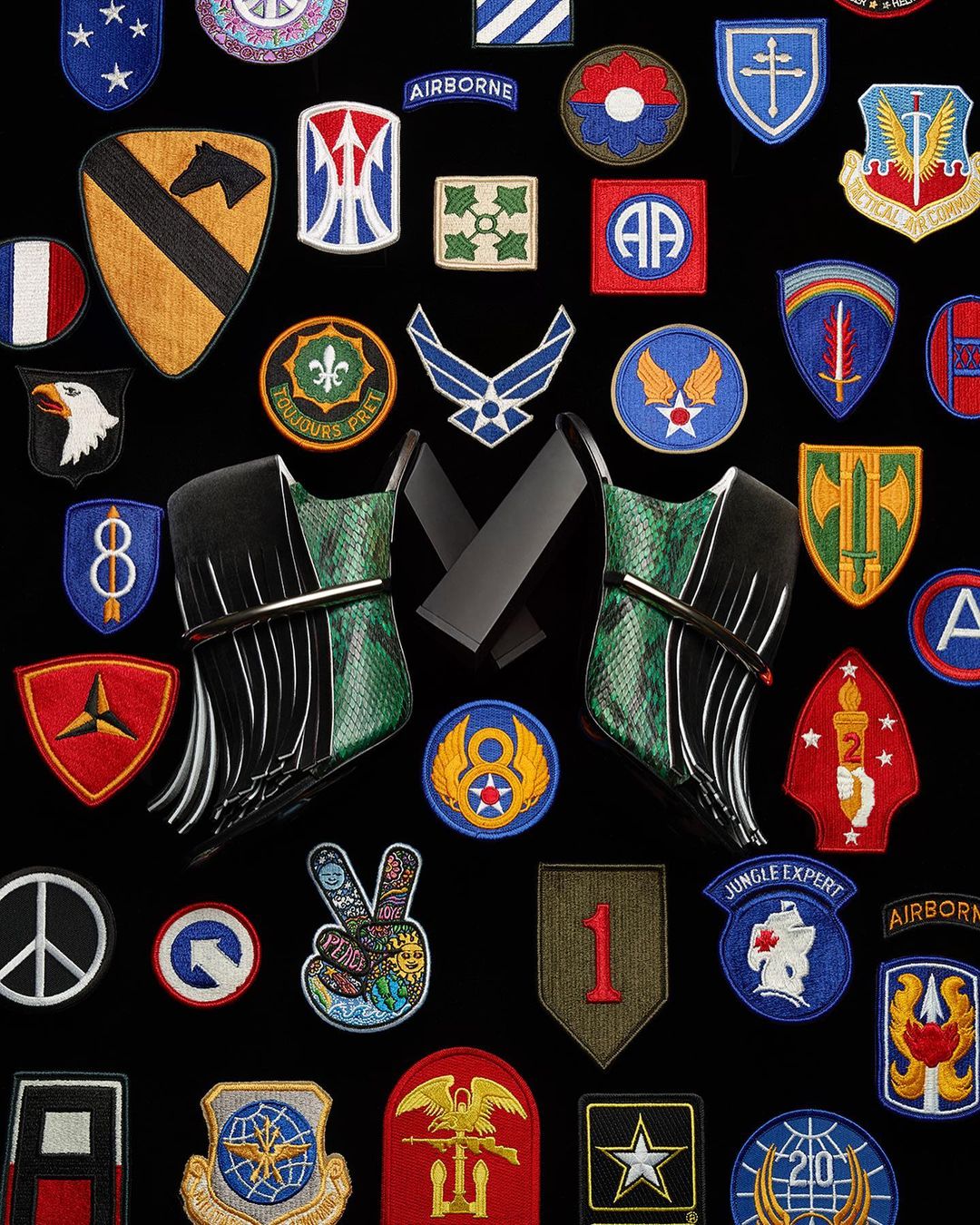 Military patches arranged on a flat surface. The patches have various insignias and designs on them, with a black background.