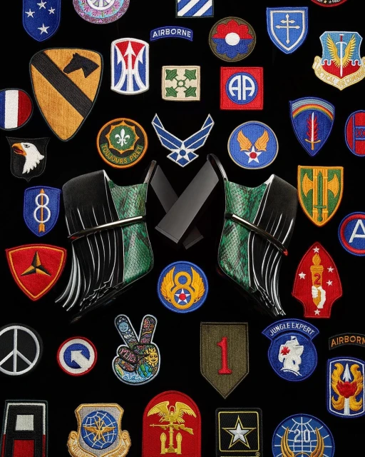 Military patches arranged on a flat surface. The patches have various insignias and designs on them, with a black background.