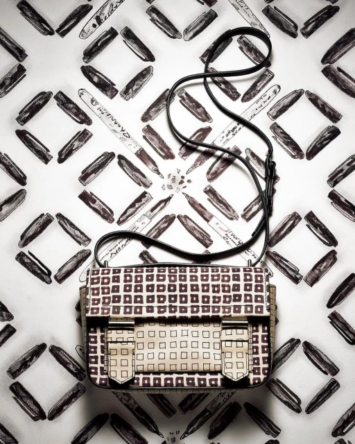 Elevated view of a cream-colored satchel handbag with a grid pattern, black shoulder strap, and a background of markers on white.