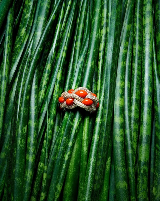 Coral and diamond ring on a bed of green sansevieria leaves, jewelry product shot, nature-inspired design, fine jewelry advertisement.
