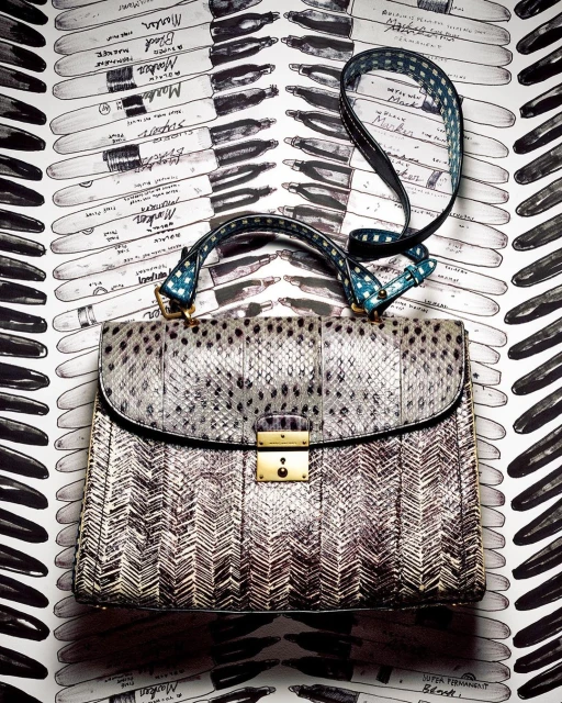 Fashionable handbag with snakeskin texture, gold clasp, and handle with polka dot accents against a marker-patterned backdrop.