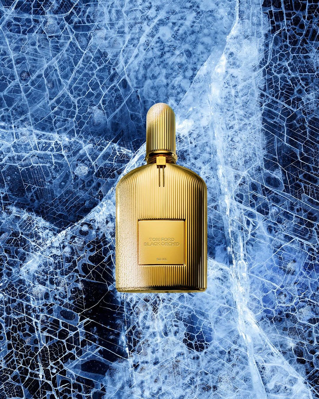 Close-up of a golden Tom Ford Black Orchid perfume bottle centered against a marbled blue and white background. Luxury branding.