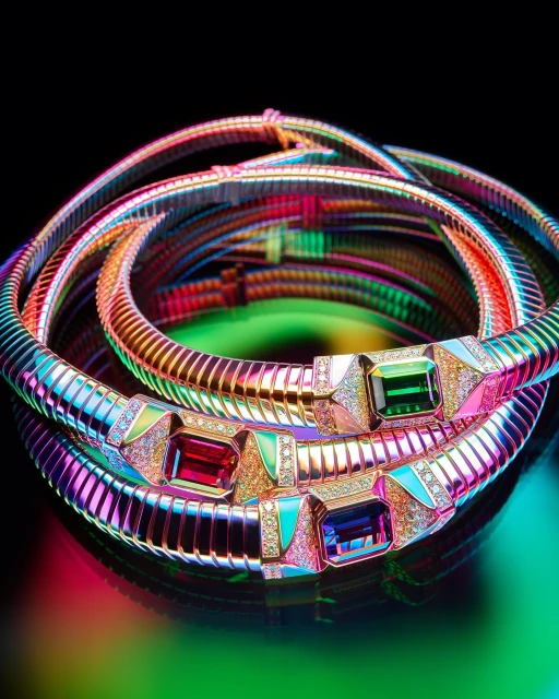 Stack of three flexible, gold metal choker necklaces with emerald, ruby, and sapphire gemstones on reflective black surface, vibrant lighting.