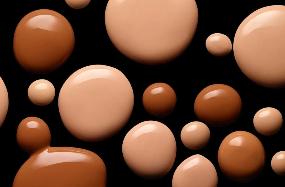 Multiple drops of beige and brown foundation are arranged on a black background creating a textured, patterned beauty product shot.