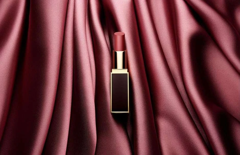 Close-up studio shot of a pink lipstick tube with gold accents positioned on a draped pink satin fabric backdrop.
