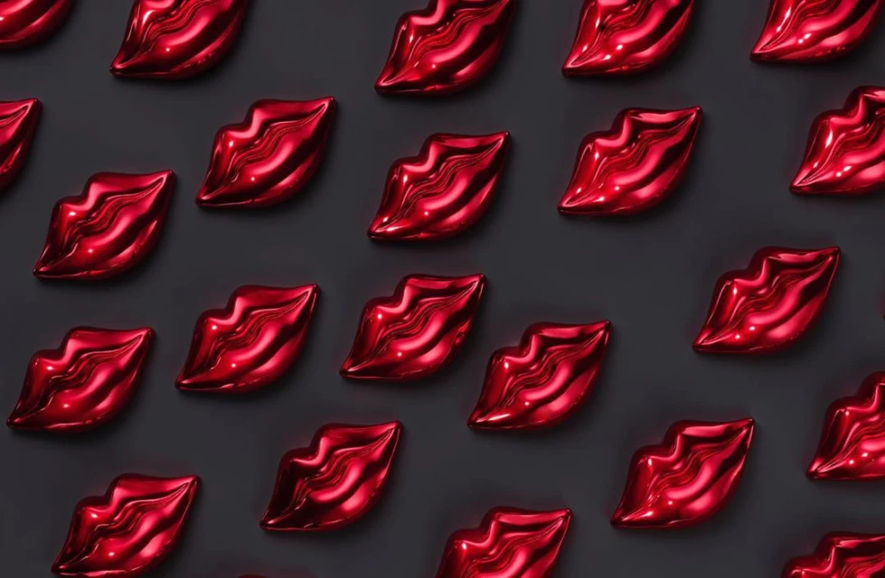 Red lips pattern on dark gray background. Repeating shiny, glossy lip shapes for beauty, fashion, or graphic design. Close-up, overhead.