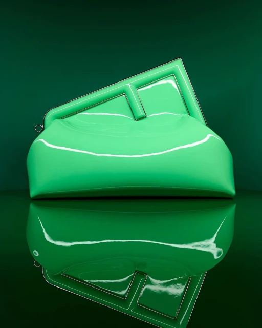 Stylish glossy green clutch purse with geometric frame and handle, reflecting against a glossy dark-green backdrop, studio lighting.