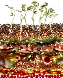 Cross-section stack of layered organic food waste including carrot tops, beans, eggshells, and melon rinds backlit on white
