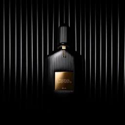 Black fluted perfume bottle with gold label centered against vertical striped dark background